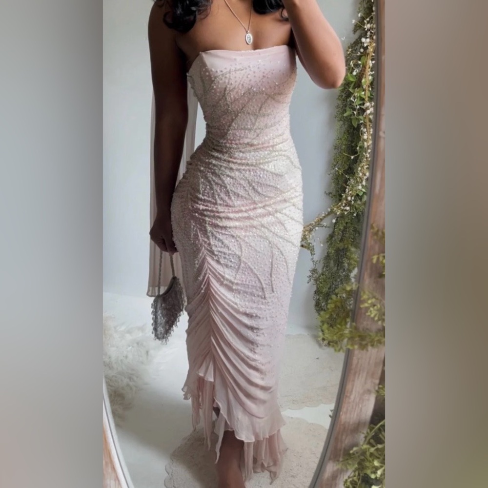 Vintage 100% Silk Beaded Dress Vintage Beaded Dress Pink Strapless Prom Fairy - Picture 3 of 17